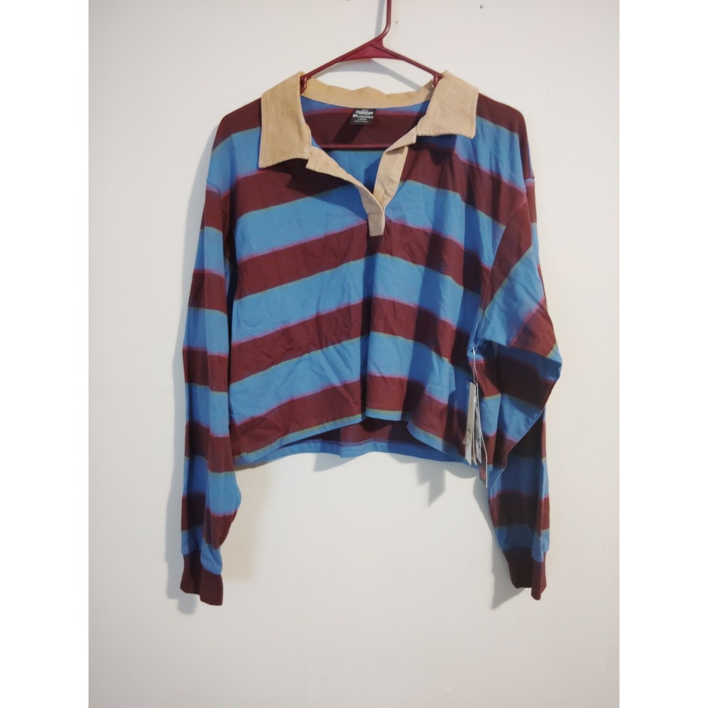 Stranger Things Striped Cropped Rugby Polo Shirt Blue Maroon Size‎ Large 12-14
